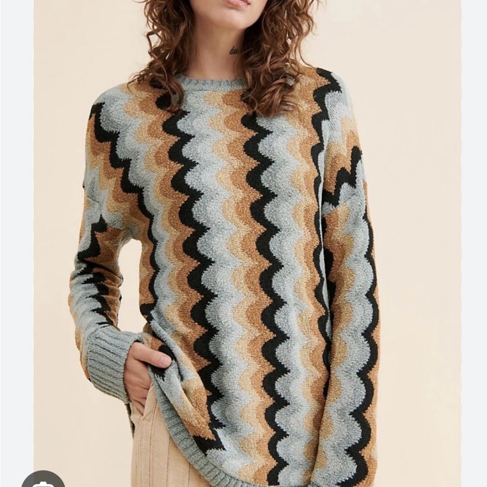 Show Me Your MuMu Wave-Stripe Crewneck Sweater in Sage, Camel & Black